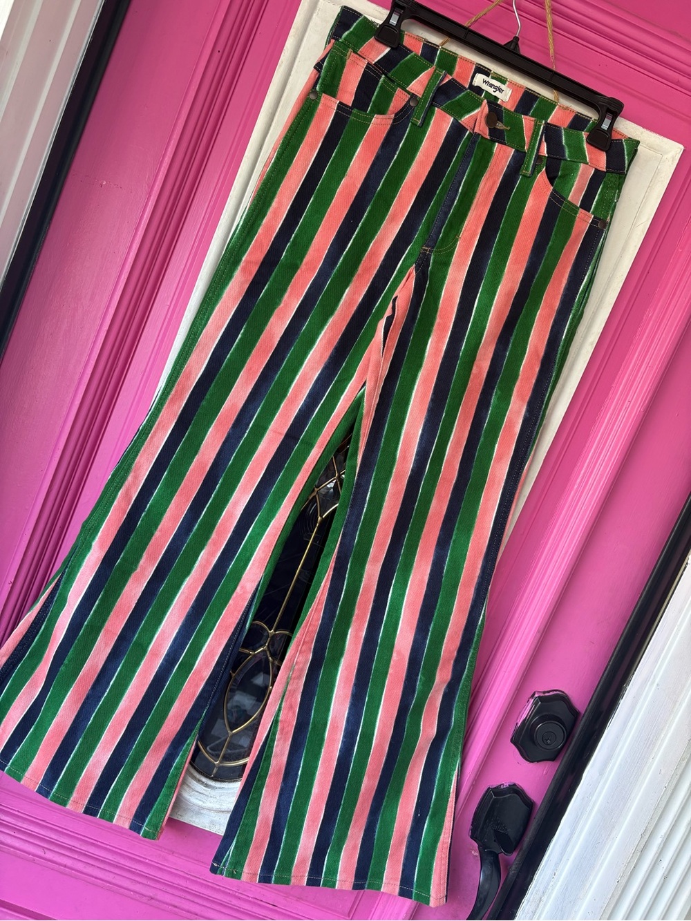 Wrangler Wanderer Striped Flare Pants in Green, Pink & Navy - Picture 13 of 14